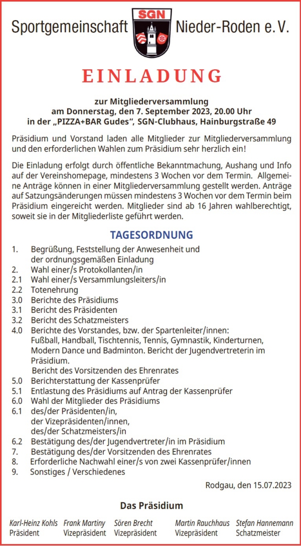 SGN-Mitgliederversammlung 2023 - Einladung